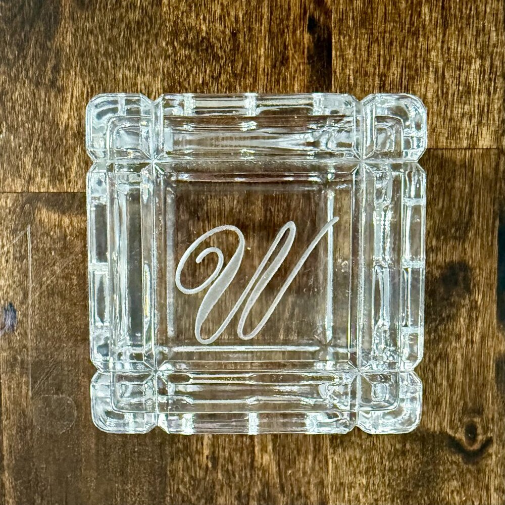 VTG 24% Lead Crystal Trinket Box w/ Lid Clear "W" Monogram Jewelry